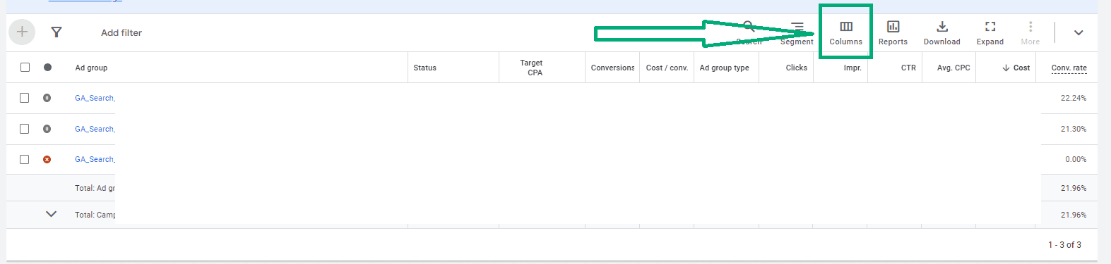 Cách xem các chỉ số Ad Rank trong giao diện Google Ads