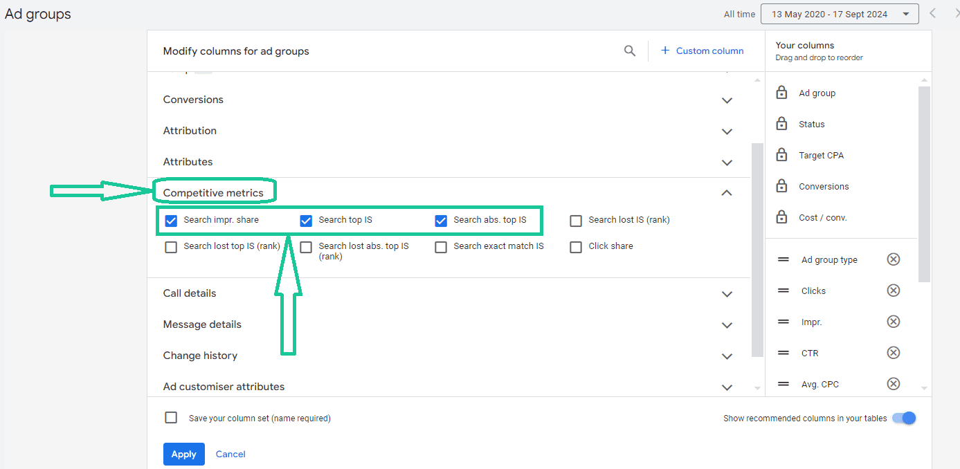 Cách xem các chỉ số Ad Rank trong giao diện Google Ads - Tỷ lệ hiển thị vị trí đầu tiên tuyệt đối và Tỷ lệ hiển thị hàng đầu